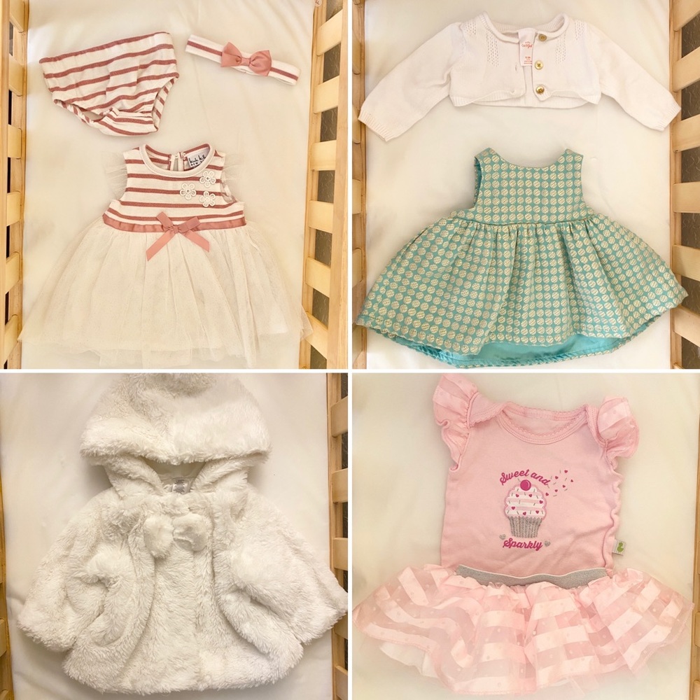 Holiday outfits, dresses, and fur coat for infant girl